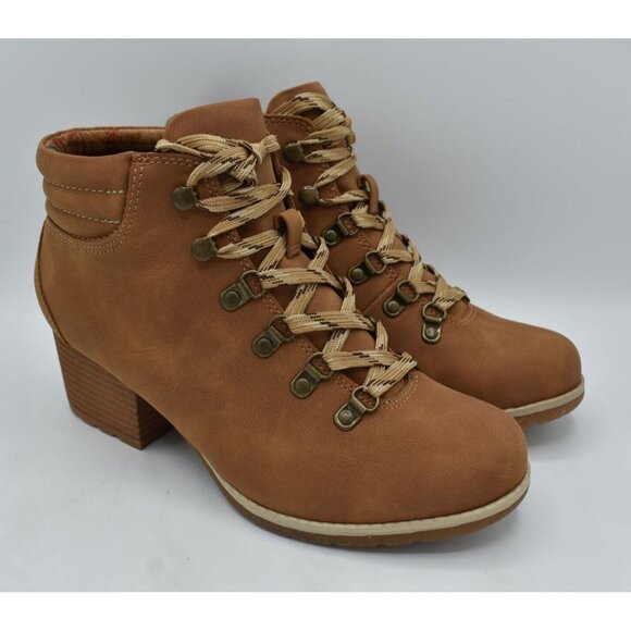 B.O.C By Born Womens Size 7 Alder Tan Nubuck PU Lace Up Heeled Booties Boots - Picture 2 of 12